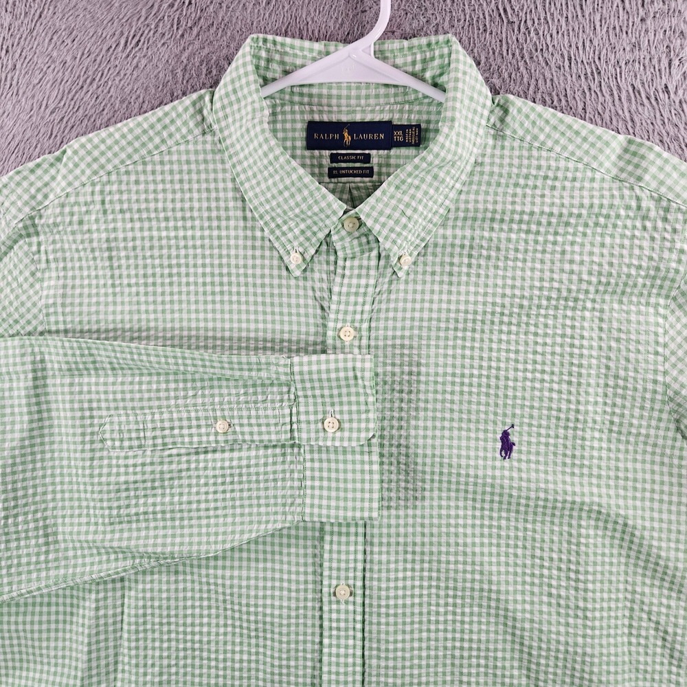 Ralph Lauren Mens XXL Gingham Seersucker Shirt Green White RL Untucked Fit